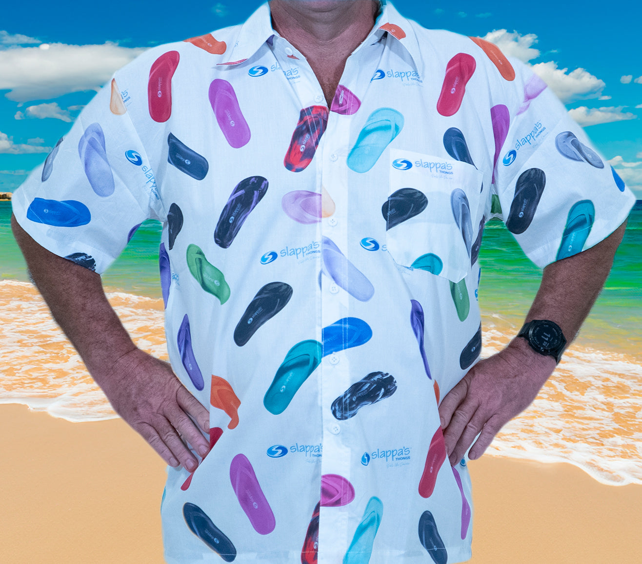 Slappa's Thongs Party Shirt has little Slappa's Thongs all over it and the Slappa's Thongs Logo