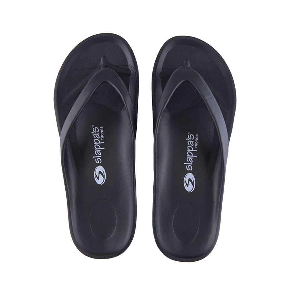 A pair of black orthotic Arch Support Thongs made of EVA foam, displayed against a white background.