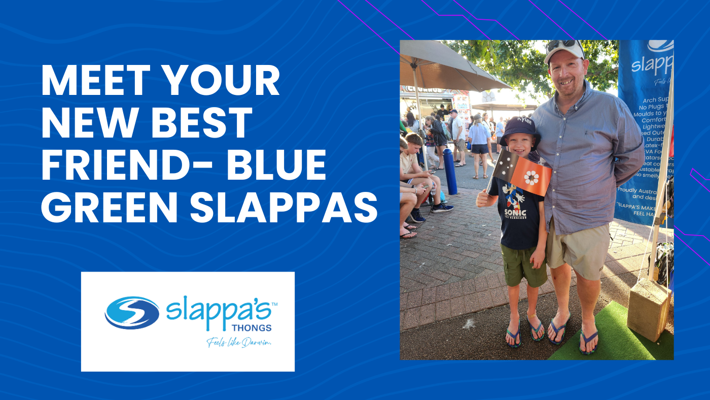 Dad and son purchased and wearing Blue Green Slappas Thongs on Territory Day at Mindil Beach Sunset Market