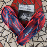 Red and Blue durable arch support thongs worn in Darwin
